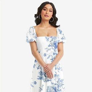 Dessy Group Puff Sleeve Chiffon Maxi Dress in Cottage Rose Dusk Blue Sz 2